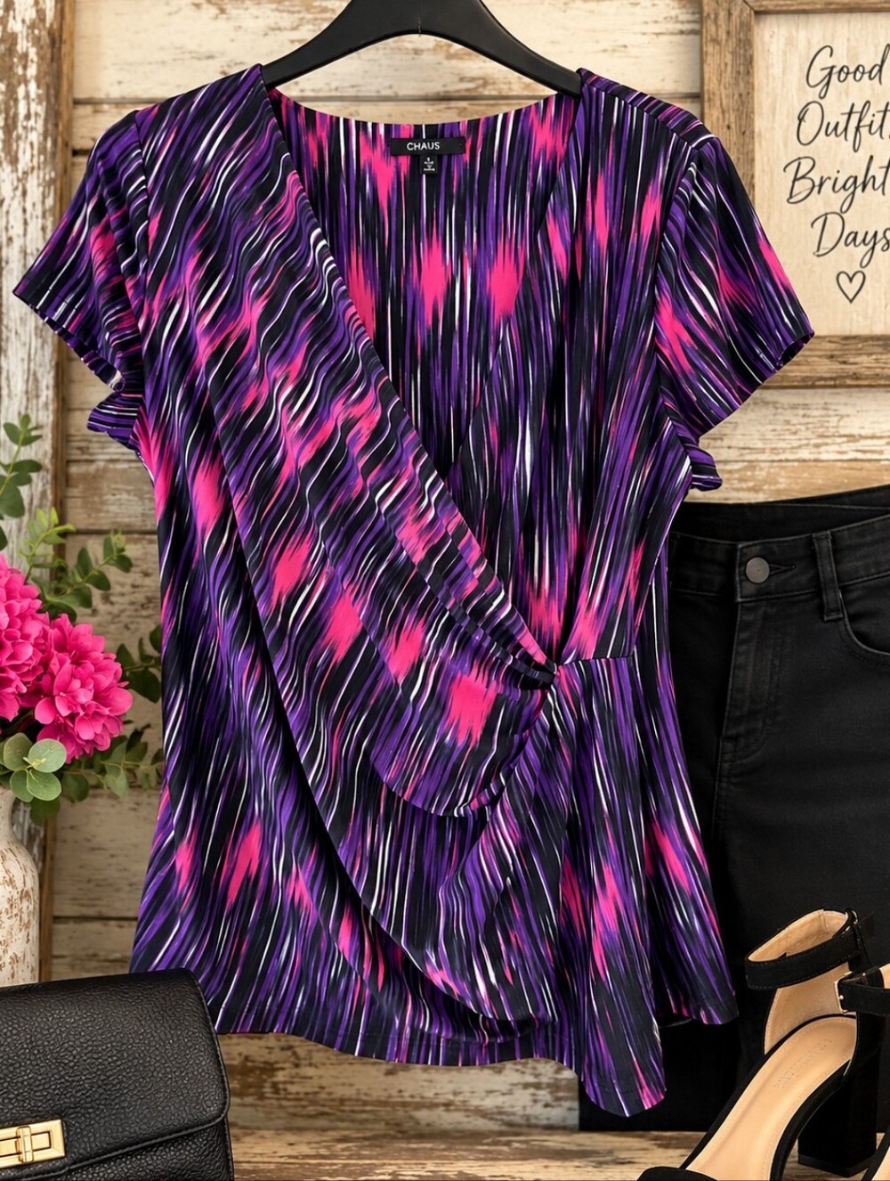 Chaus Size L Pink Purple Abstract Faux Wrap Ruffle Flutter Sleeve Top